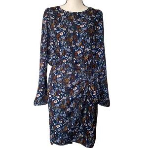 Self tie blue floral garden faux wrap double skirt long sleeves blouson dress M